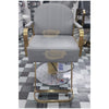 Modern Luxury Salon Styling Chair with Hydraulic Lift | Round Gold Disc Plate | Grey Barber Chair