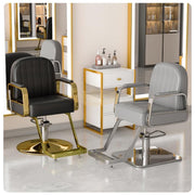 Modern Luxury Salon Styling Chair with Hydraulic Lift | Round Gold Disc Plate | Grey Barber Chair