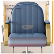 Modern Luxury Salon Styling Chair with Hydraulic Lift | Round Gold Disc Plate | Grey Barber Chair