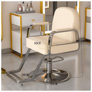 Modern Luxury Salon Styling Chair with Hydraulic Lift | Round Gold Disc Plate | Grey Barber Chair