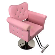 Modern Luxury Salon Styling Chair with Hydraulic Lift | Round Silver Disc Plate | Pink Barber Chair