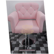 Modern Luxury Salon Styling Chair with Hydraulic Lift | Round Silver Disc Plate | Pink Barber Chair