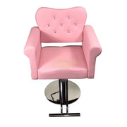 Modern Luxury Salon Styling Chair with Hydraulic Lift | Round Silver Disc Plate | Pink Barber Chair