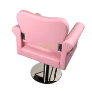 Modern Luxury Salon Styling Chair with Hydraulic Lift | Round Silver Disc Plate | Pink Barber Chair