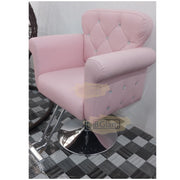 Modern Luxury Salon Styling Chair with Hydraulic Lift | Round Silver Disc Plate | Pink Barber Chair