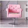 Modern Luxury Salon Styling Chair with Hydraulic Lift | Round Silver Disc Plate | Pink Barber Chair