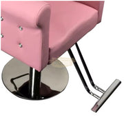 Modern Luxury Salon Styling Chair with Hydraulic Lift | Round Silver Disc Plate | Pink Barber Chair