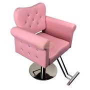 Modern Luxury Salon Styling Chair with Hydraulic Lift | Round Silver Disc Plate | Pink Barber Chair