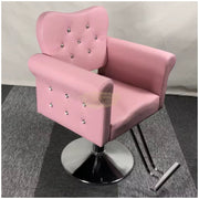 Modern Luxury Salon Styling Chair with Hydraulic Lift | Round Silver Disc Plate | Pink Barber Chair