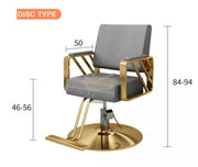 Modern Salon Styling Chair with Hydraulic Lift and Titanium Stripes Handle| Round Gold Disc Plate | Black/Gold Barber