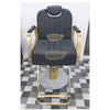 Modern Salon Styling Chair with Hydraulic Lift and Titanium Stripes Handle | Round Gold Disc Plate | Black Barber Chair