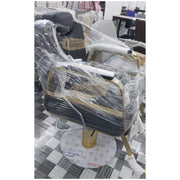 Modern Salon Styling Chair with Hydraulic Lift and Titanium Stripes Handle | Round Gold Disc Plate | Black Barber Chair
