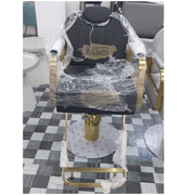 Modern Salon Styling Chair with Hydraulic Lift and Titanium Stripes Handle | Round Gold Disc Plate | Black Barber Chair