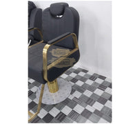 Modern Salon Styling Chair with Hydraulic Lift and Titanium Stripes Handle | Round Gold Disc Plate | Black Barber Chair