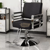 Modern Salon Styling Chair with Hydraulic Lift and Titanium Stripes Handles | Round Silver Disc Plate | Black/Silver