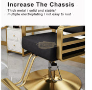Modern Salon Styling Chair with Hydraulic Lift | Round Gold Disc Plate | Black/Gold Barber Chair