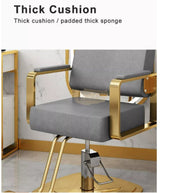 Modern Salon Styling Chair with Hydraulic Lift | Round Gold Disc Plate | Black/Gold Barber Chair