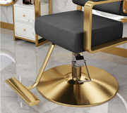 Modern Salon Styling Chair with Hydraulic Lift | Round Gold Disc Plate | Black/Gold Barber Chair