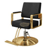 Modern Salon Styling Chair with Hydraulic Lift | Round Gold Disc Plate | Black/Gold Barber Chair