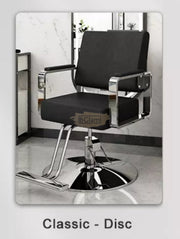 Modern Salon Styling Chair with Hydraulic Lift | Round Silver Disc Plate | Black/Silver Barber Chair
