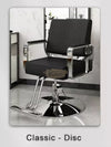Modern Salon Styling Chair with Hydraulic Lift | Round Silver Disc Plate | Black/Silver Barber Chair