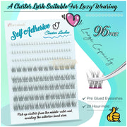 Obeyalash 96pcs Self-Adhesive Cluster Lashes With tweezer C-Curl + 3 10-14mm Mix | No Glue DIY Lashes Self-Adhesive