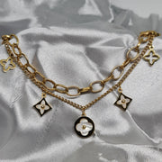 Fashion Jewelry | Bracelet | Double Chain Gold Charm with 5 Clover Leaves