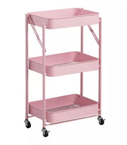 Foldable 3-Tier Metal Storage Organizer Rolling Cart | Pink