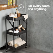 Foldable 3-Tier Metal Storage Organizer Rolling Cart | Black