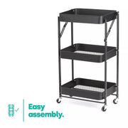 Foldable 3-Tier Metal Storage Organizer Rolling Cart | Black