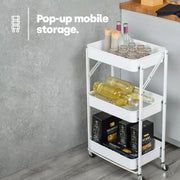 Foldable 3-Tier Metal Storage Organizer Rolling Cart | White