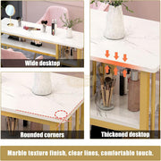 White Marble-Style Table with Gold Frame with 3 Side Shelves 120*40*78cm Manicure Tables