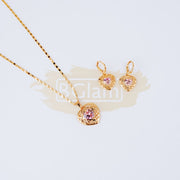 Fashion Jewelry Set Earrings + Pendant Heart Shaped with Pink Stone 10