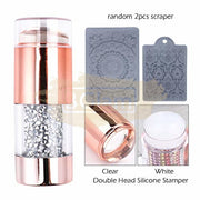 Double Head Nail Stamper with 2 Stencil Scrapers | Silver with White Rhinestones