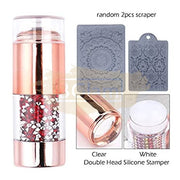 Double Head Nail Stamper with 2 Stencil Scrapers | Gold with Red Rhinestones