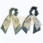 Double Layer Bow Long Tail Scrunchie Floral Print Design 1