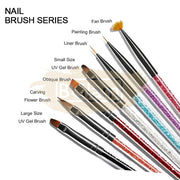 Multicolor Nail Art Brush Set with Rhinestone Handle (7 pieces)