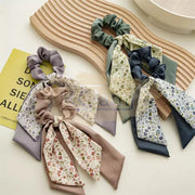 Double Layer Bow Long Tail Scrunchie Floral Print Design 1