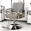 Modern Salon Styling Chair with Hydraulic Lift and Titanium Stripes Handle | Round Silver Disc Plate | Grey/Silver
