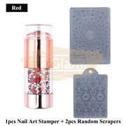 Double Head Nail Stamper with 2 Stencil Scrapers | Gold with Red Rhinestones