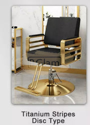 Modern Salon Styling Chair with Hydraulic Lift and Titanium Stripes Handle - Disc Plate - Black/Gold